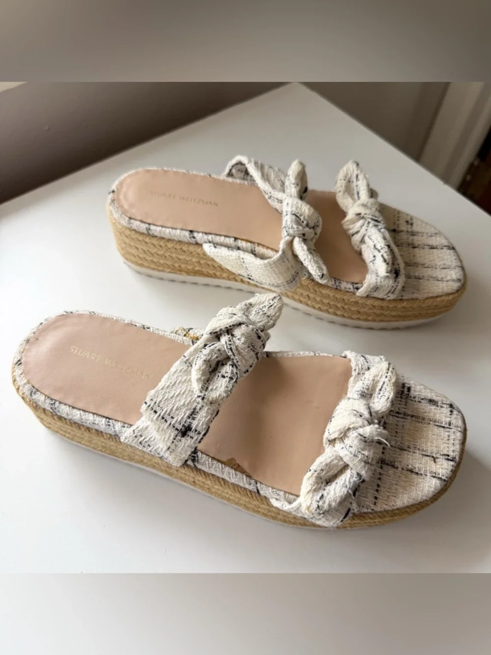 Stuart Weitzman Designer Tweed Bow Bandeau Espadrille Platform Sandals Size 8